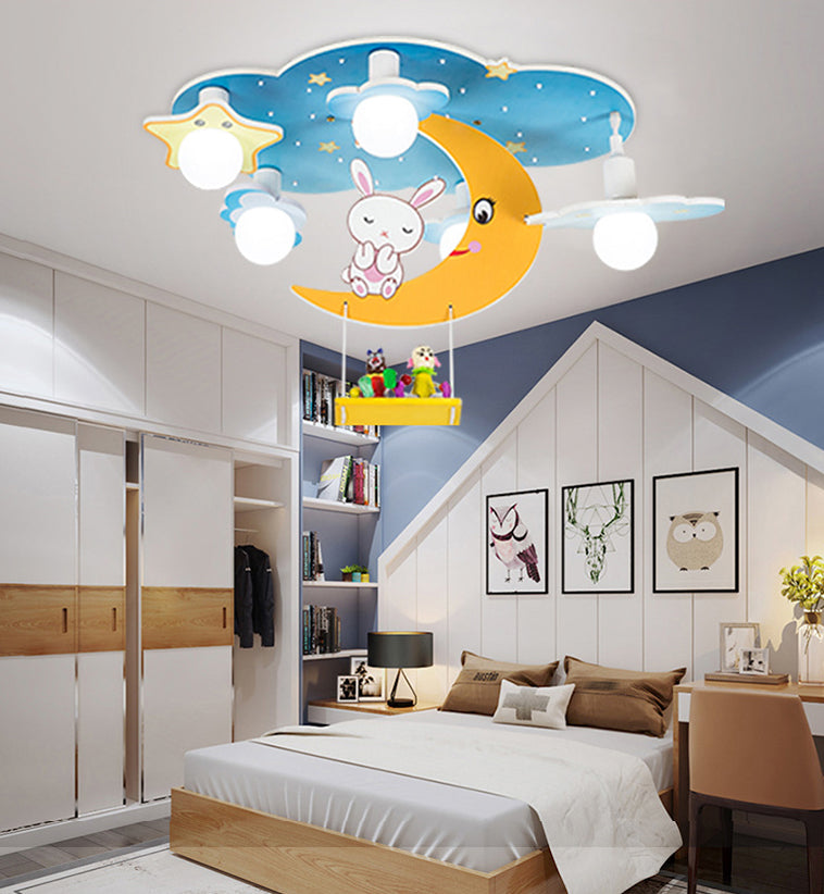 Plafonnier Blue Sky pour enfants, plafonnier en bois à 5 lumières de style créatif avec abat-jour en verre