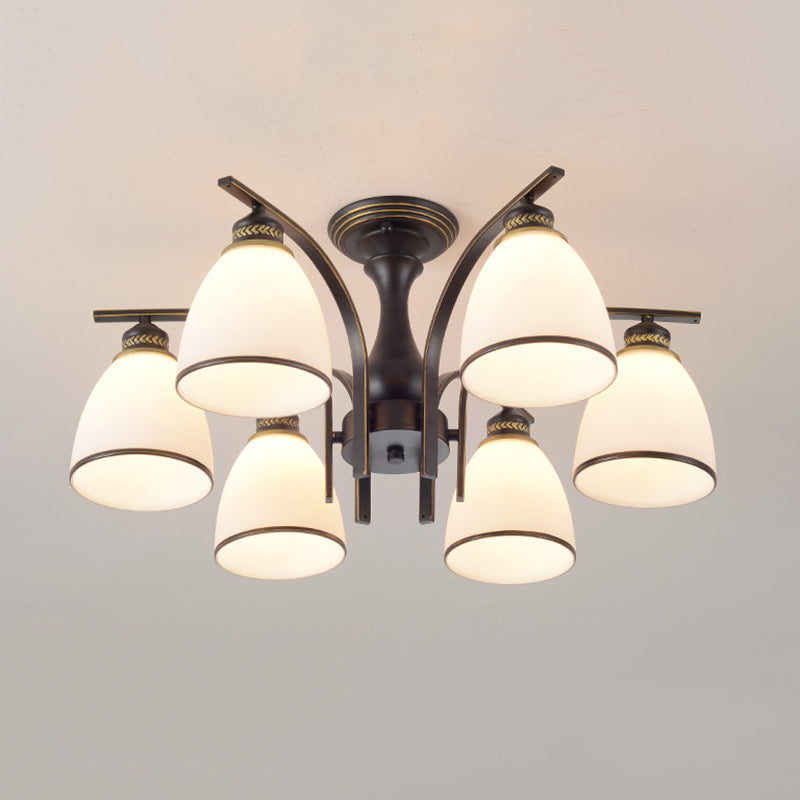 Black Radial Ceiling Light in Traditional Retro Style Wrought Iron Semi Flush Mount with Glass Shade