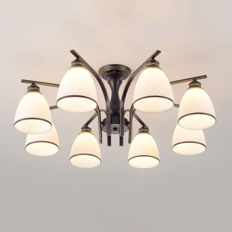 Black Radial Ceiling Light in Traditional Retro Style Wrought Iron Semi Flush Mount with Glass Shade