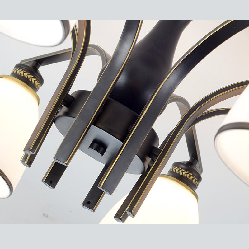 Black Radial Ceiling Light in Traditional Retro Style Wrought Iron Semi Flush Mount with Glass Shade