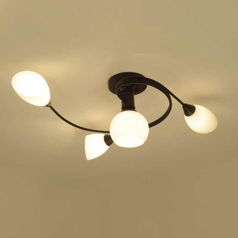 Black Radial Semi Flush Mount in Traditional Retro Style Wrought Iron Ceiling Light with Glass Shade