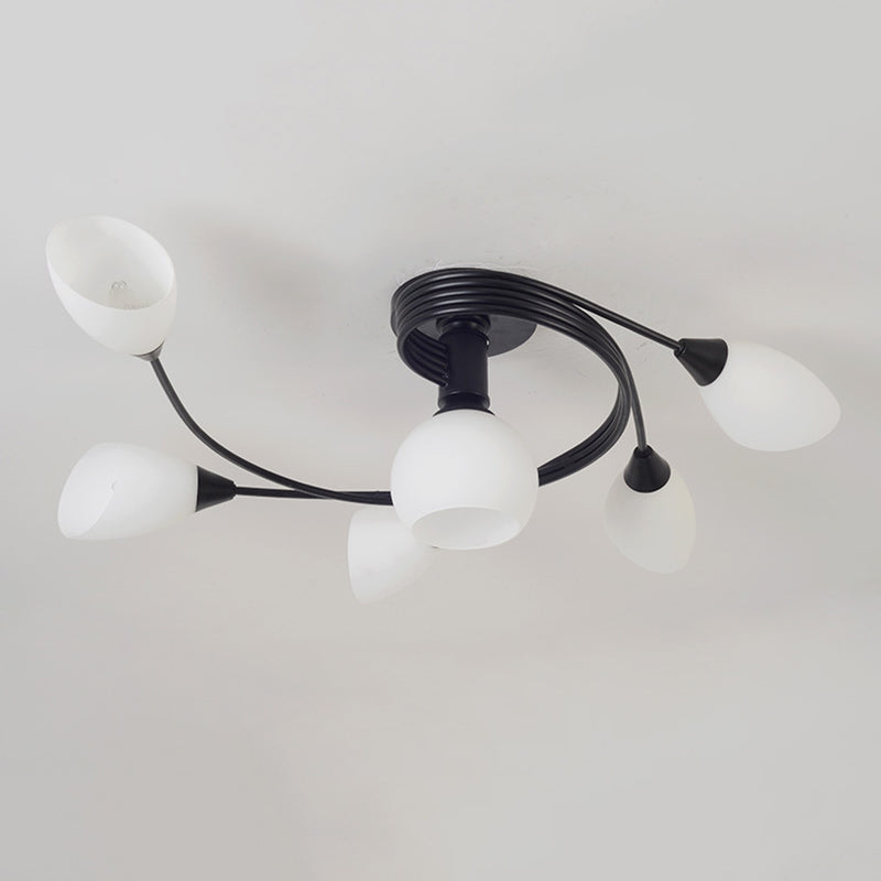 Black Radial Semi Flush Mount in Traditional Retro Style Wrought Iron Ceiling Light with Glass Shade