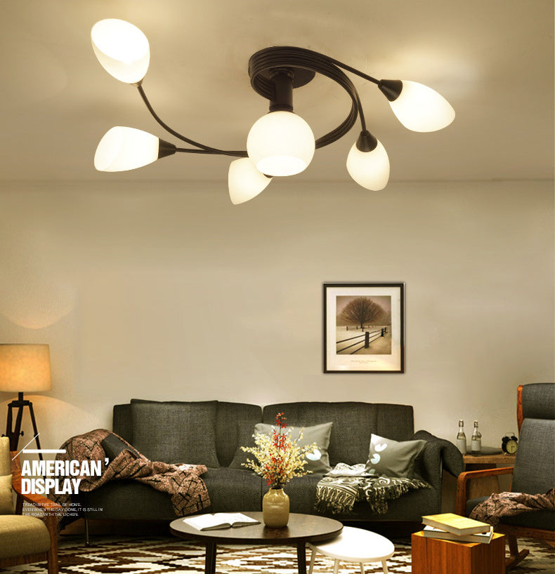 Black Radial Semi Flush Mount in Traditional Retro Style Wrought Iron Ceiling Light with Glass Shade