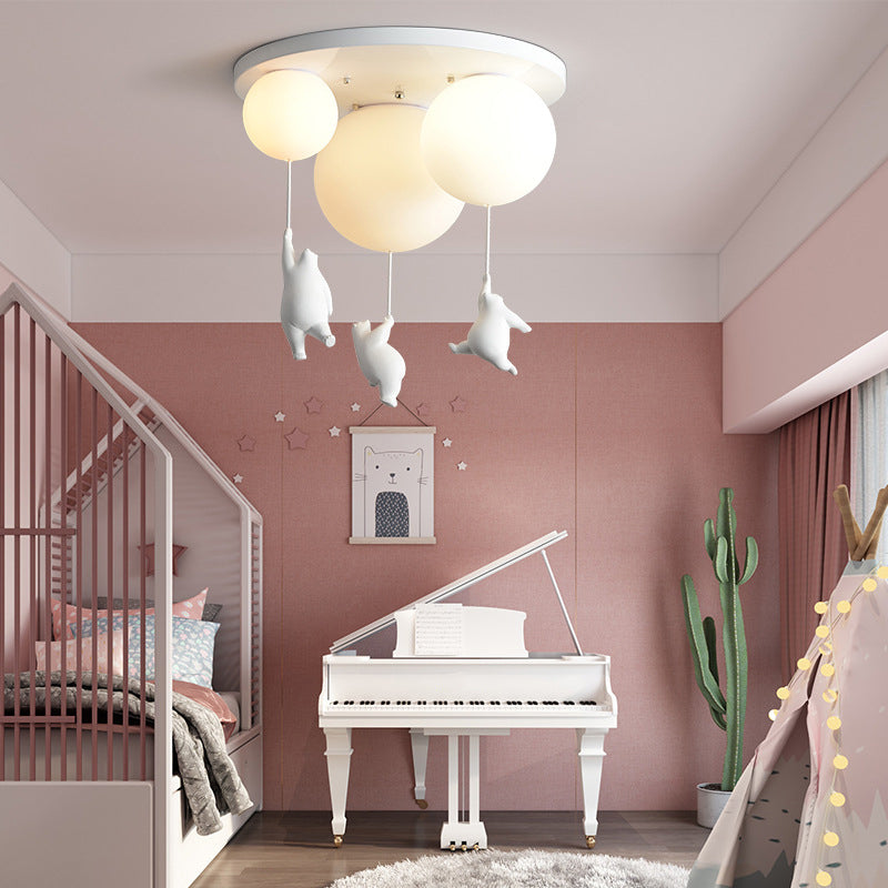 White Globe Ceiling Light in Kids Artistic Style Resin Bear Flush Mount with Glass Shade