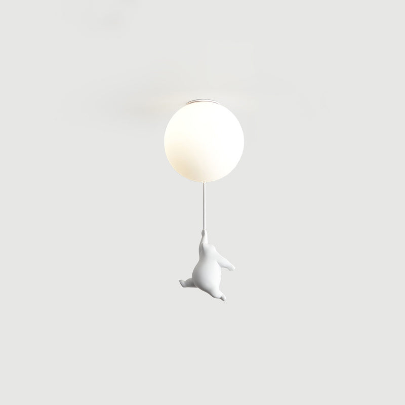 White Globe Ceiling Light in Kids Artistic Style Resin Bear Flush Mount with Glass Shade
