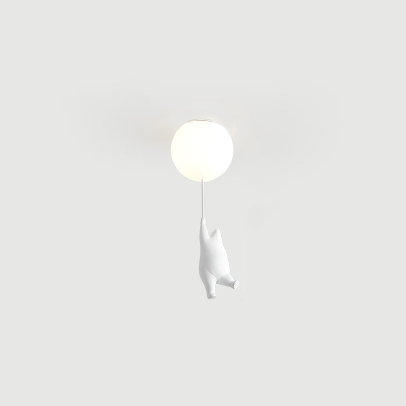 White Globe Ceiling Light in Kids Artistic Style Resin Bear Flush Mount with Glass Shade
