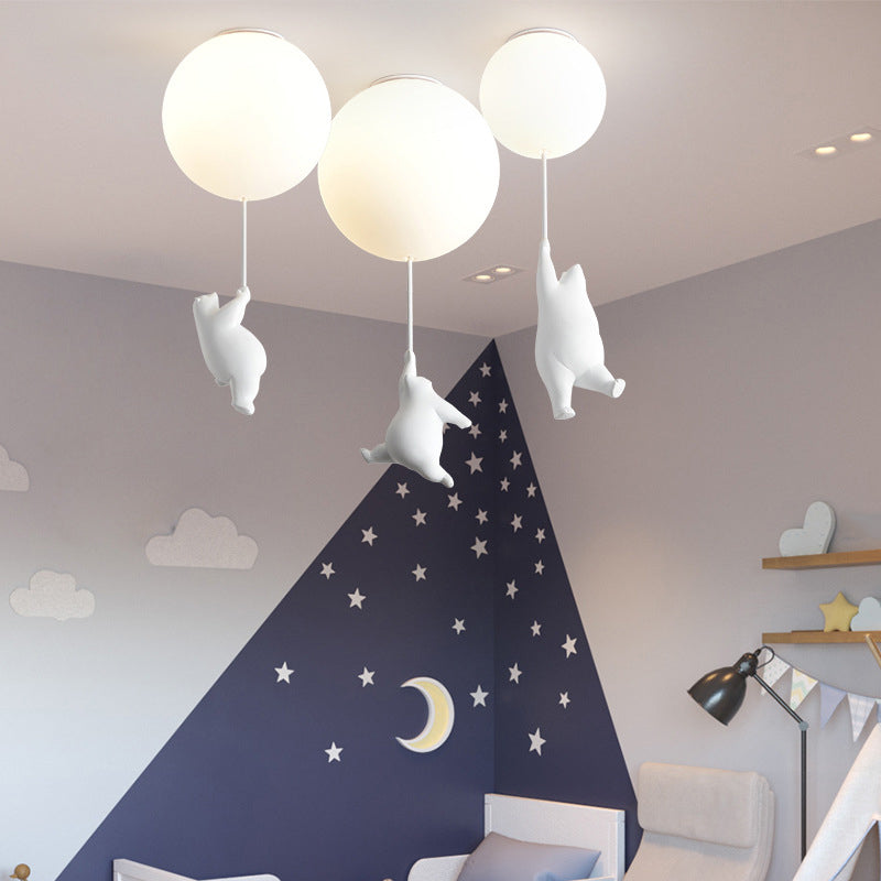 White Globe Ceiling Light in Kids Artistic Style Resin Bear Flush Mount with Glass Shade