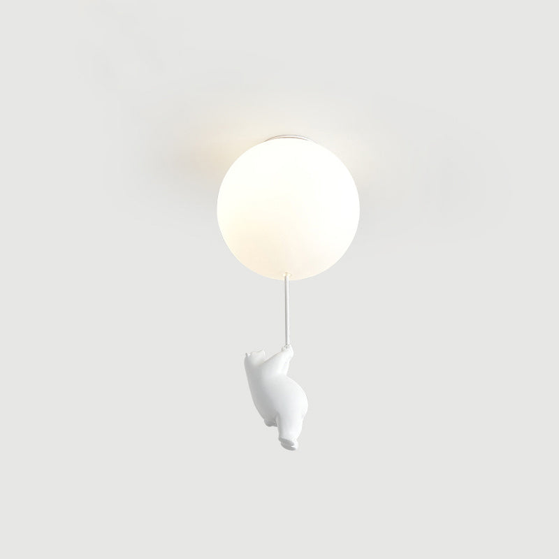 White Globe Ceiling Light in Kids Artistic Style Resin Bear Flush Mount with Glass Shade