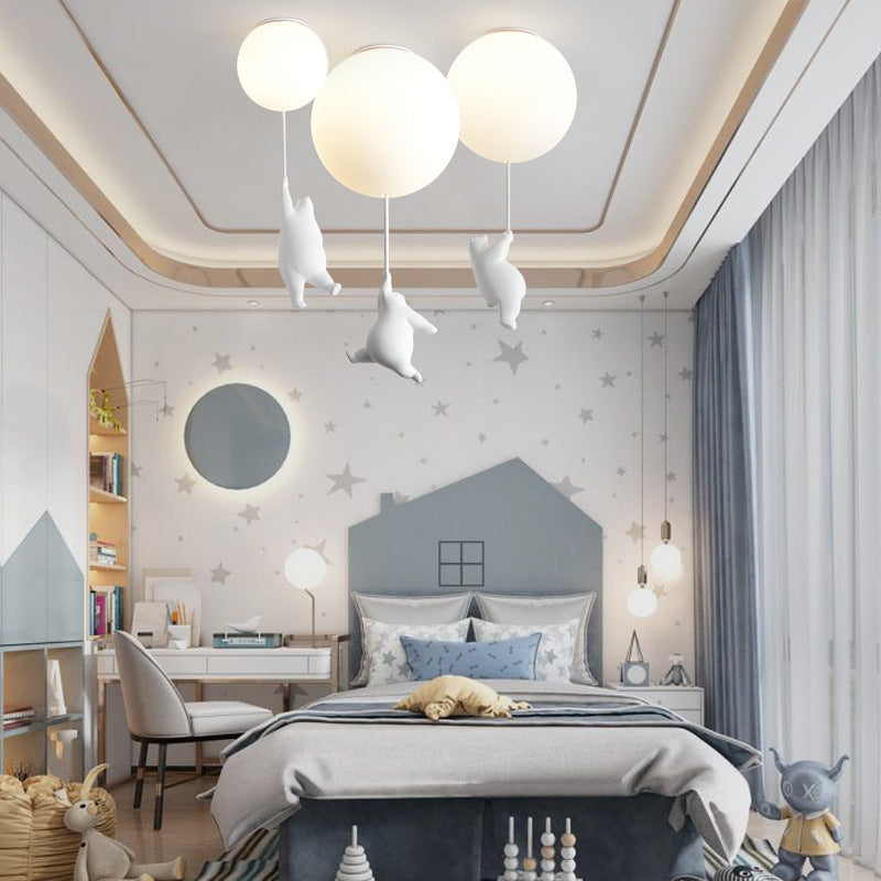White Globe Ceiling Light in Kids Artistic Style Resin Bear Flush Mount with Glass Shade