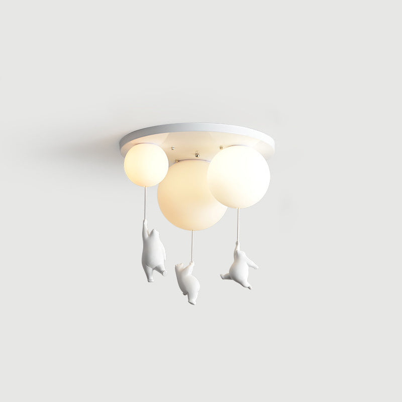 White Globe Ceiling Light in Kids Artistic Style Resin Bear Flush Mount with Glass Shade