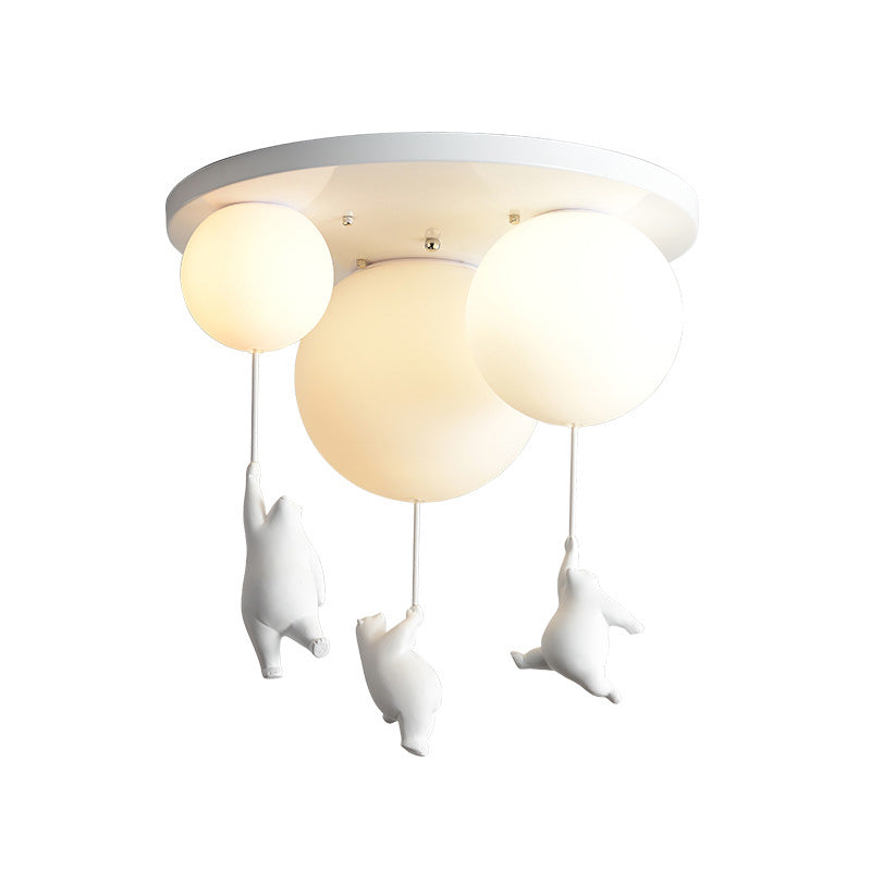 White Globe Ceiling Light in Kids Artistic Style Resin Bear Flush Mount with Glass Shade