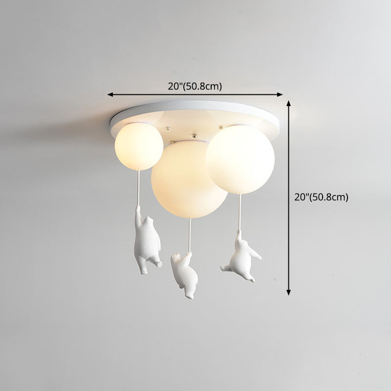 White Globe Ceiling Light in Kids Artistic Style Resin Bear Flush Mount with Glass Shade