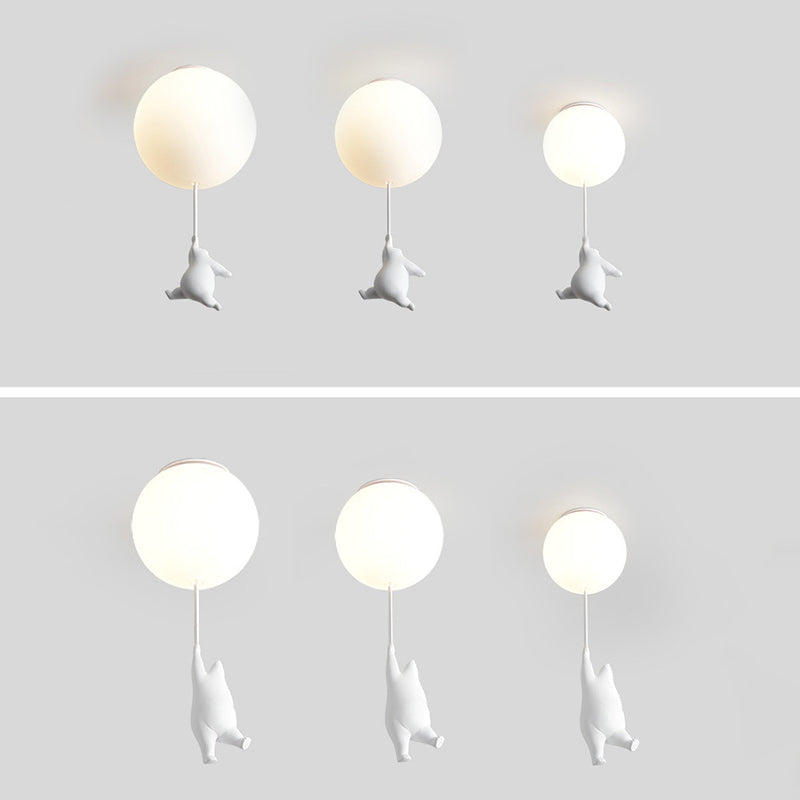 White Globe Ceiling Light in Kids Artistic Style Resin Bear Flush Mount with Glass Shade