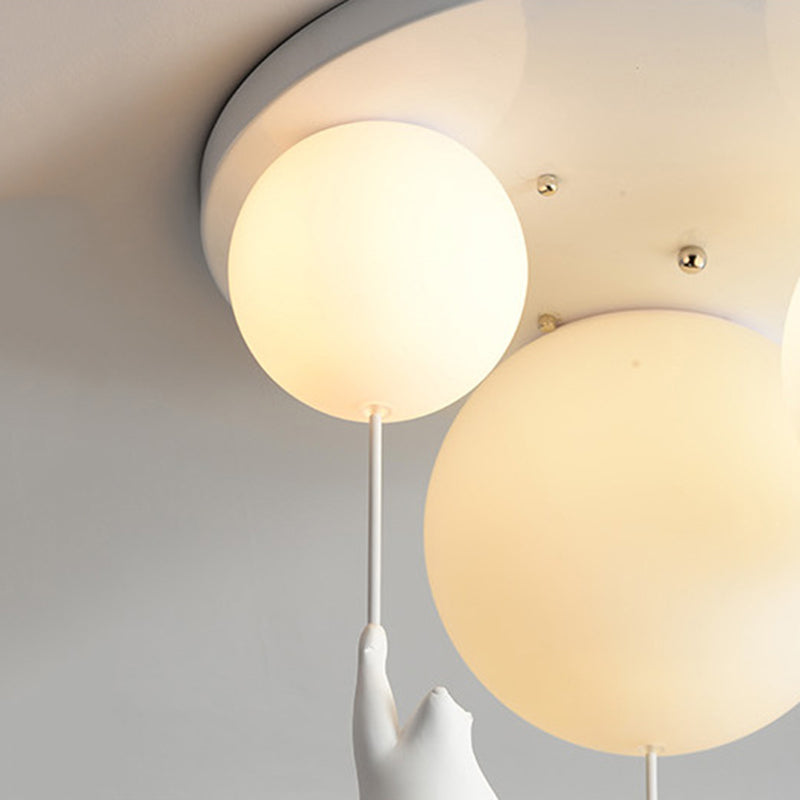 White Globe Ceiling Light in Kids Artistic Style Resin Bear Flush Mount with Glass Shade