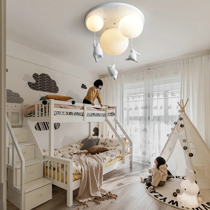 White Globe Ceiling Light in Kids Artistic Style Resin Bear Flush Mount with Glass Shade