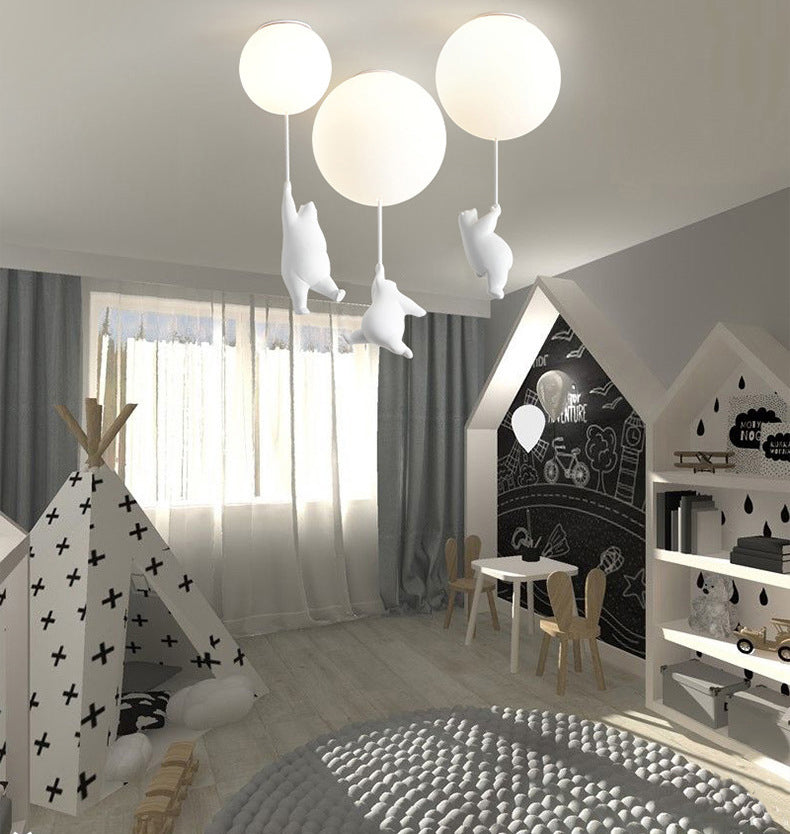 White Globe Ceiling Light in Kids Artistic Style Resin Bear Flush Mount with Glass Shade