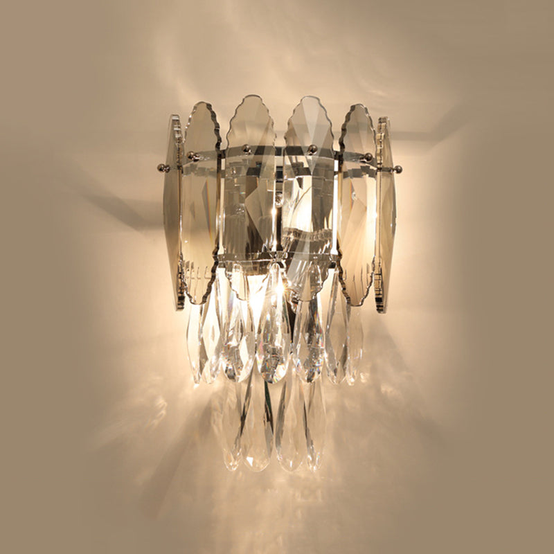 Gray Crystal Wall Sconce in Modern Luxury Style Electroplate Iron Stagger Wall Lamp for Bedroom