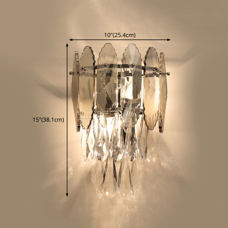 Gray Crystal Wall Sconce in Modern Luxury Style Electroplate Iron Stagger Wall Lamp for Bedroom