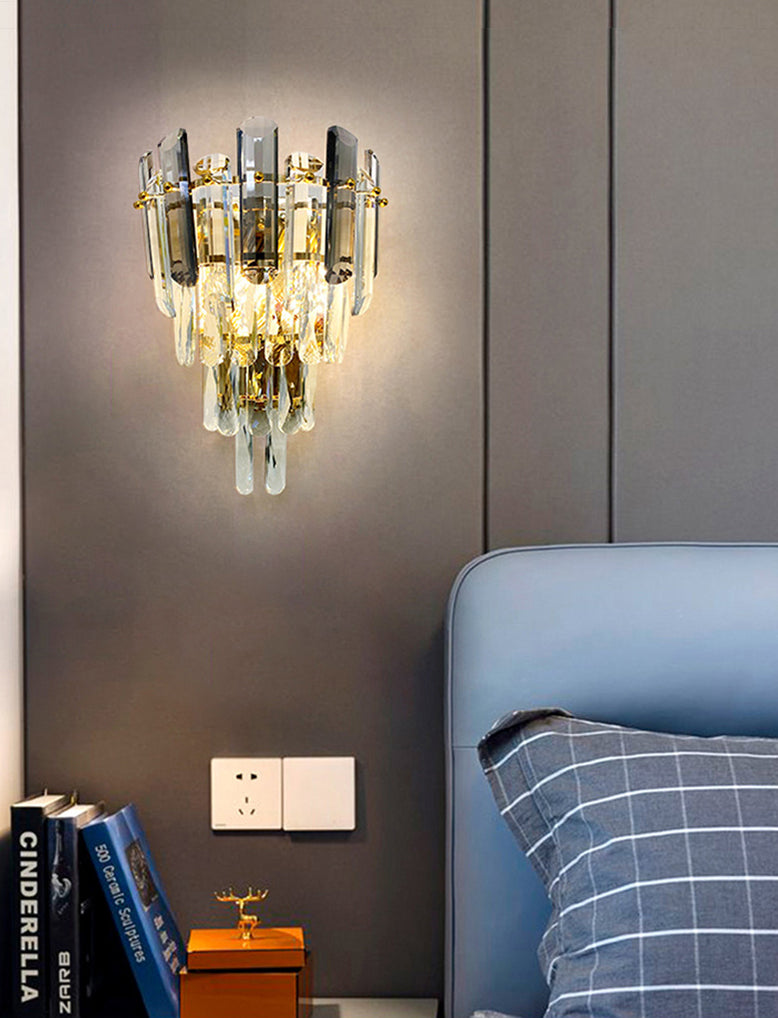 Gray Crystal Wall Sconce in Modern Luxury Style Electroplate Iron Stagger Wall Lamp for Bedroom