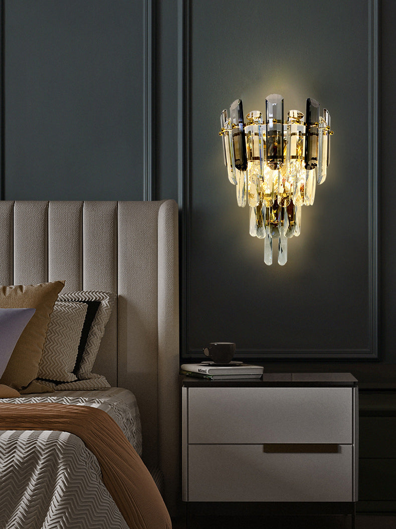 Gray Crystal Wall Sconce in Modern Luxury Style Electroplate Iron Stagger Wall Lamp for Bedroom
