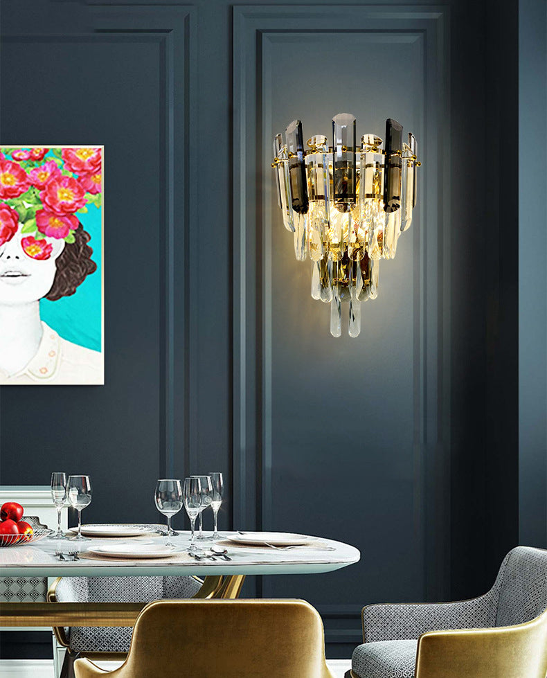 Gray Crystal Wall Sconce in Modern Luxury Style Electroplate Iron Stagger Wall Lamp for Bedroom