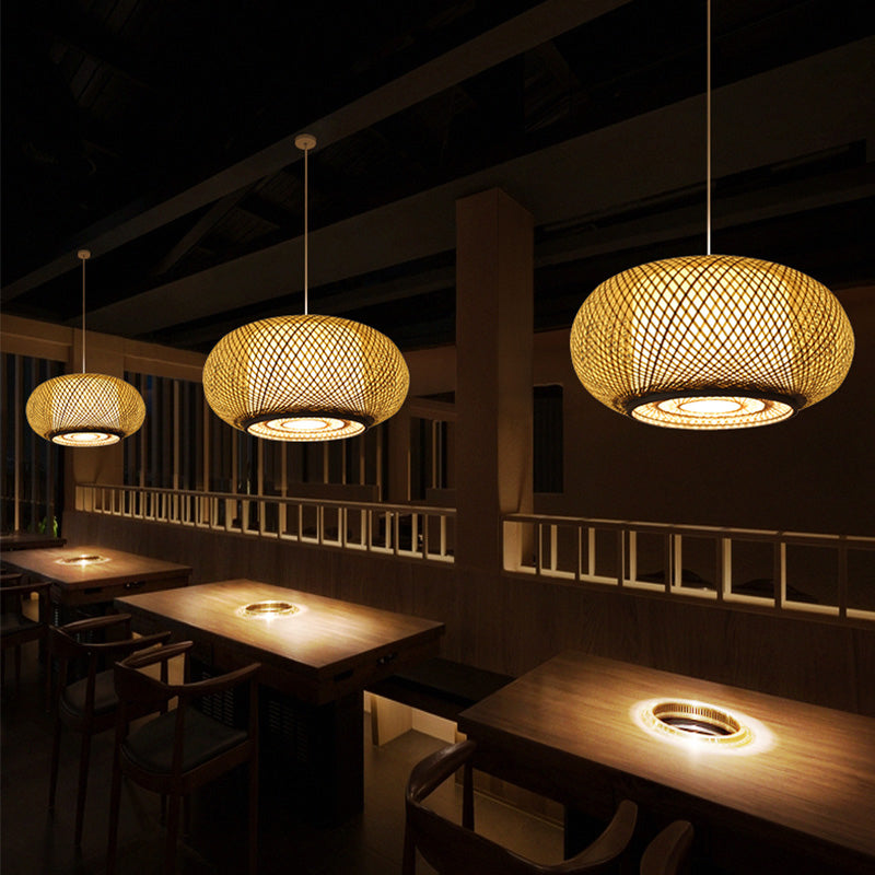 Asia Drum Pendant Light 1-Light Beige Hanging Ceiling Light for Dining Room