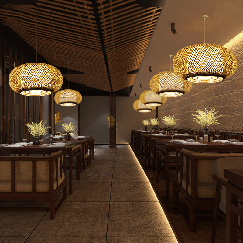 Asia Drum Pendant Light 1-Light Beige Hanging Ceiling Light for Dining Room