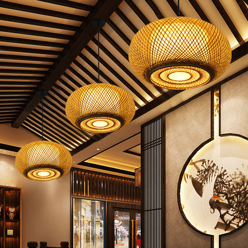 Asia Drum Pendant Light 1-Light Beige Hanging Ceiling Light for Dining Room