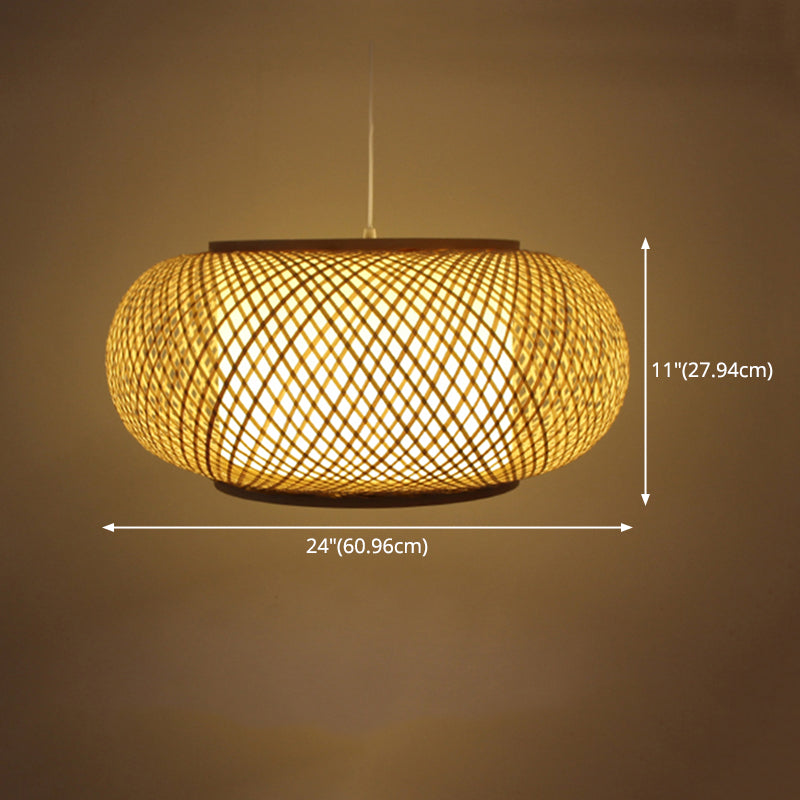 Asia Drum Pendant Light 1-Light Beige Hanging Ceiling Light for Dining Room