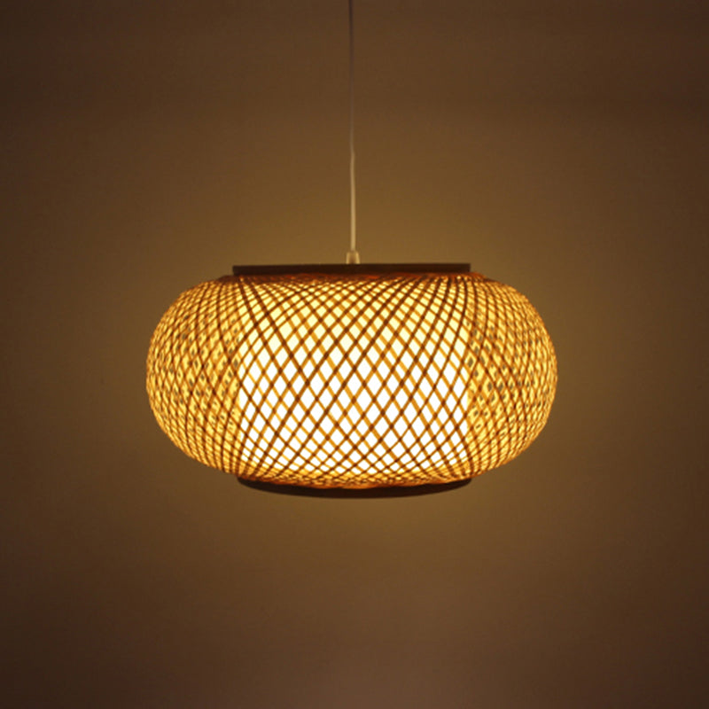 Asia Drum Pendant Light 1-Light Beige Hanging Ceiling Light for Dining Room