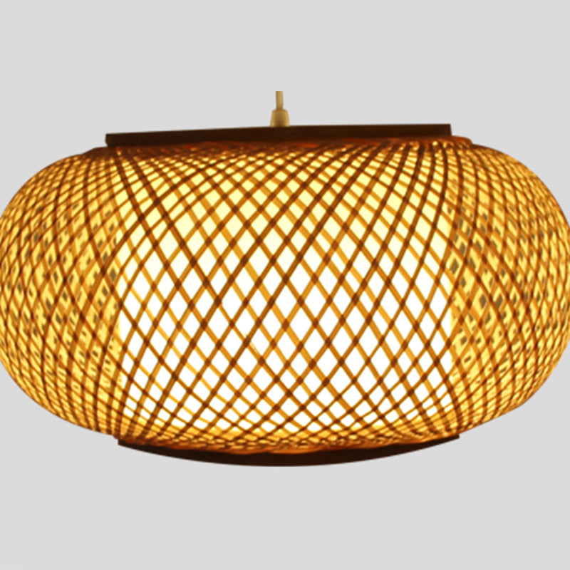 Asia Drum Pendant Light 1-Light Beige Hanging Ceiling Light for Dining Room