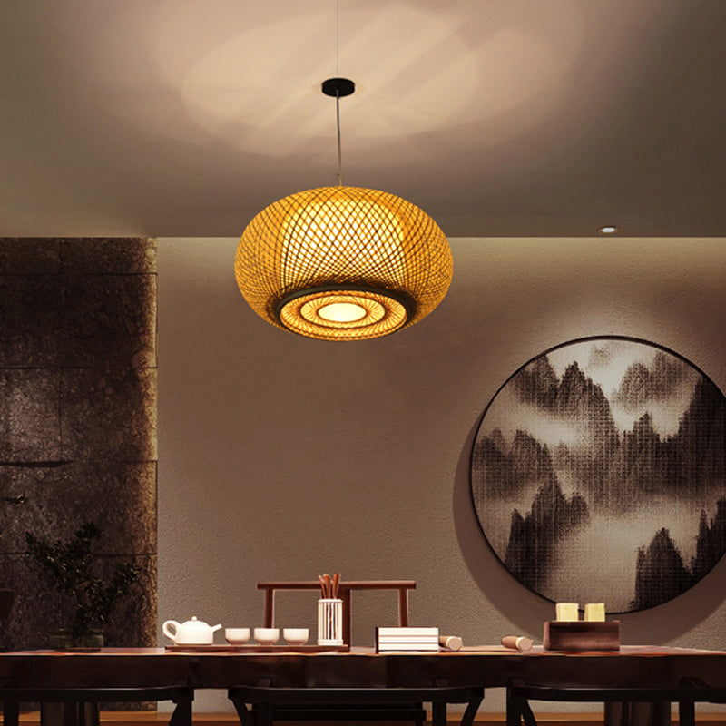 Asia Drum Pendant Light 1-Light Beige Hanging Ceiling Light for Dining Room