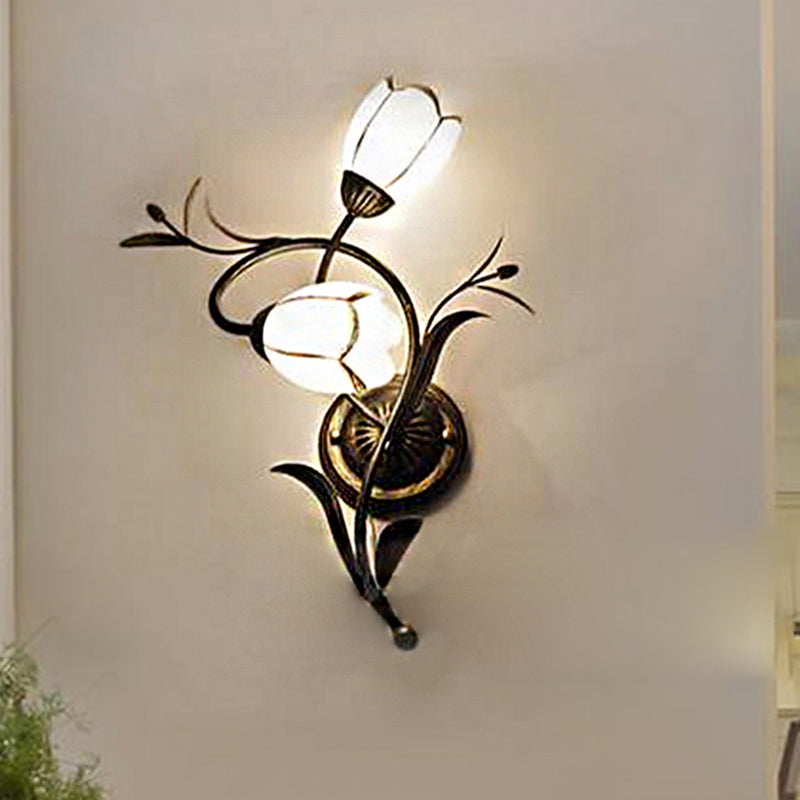 2 Heads Floral Shape Wall Lighting Traditional White Glass Sconce Lamp with Metal Backplate, Left/Right