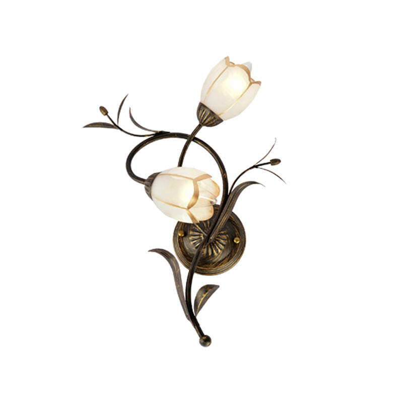 2 Heads Floral Shape Wall Lighting Traditional White Glass Sconce Lamp with Metal Backplate, Left/Right