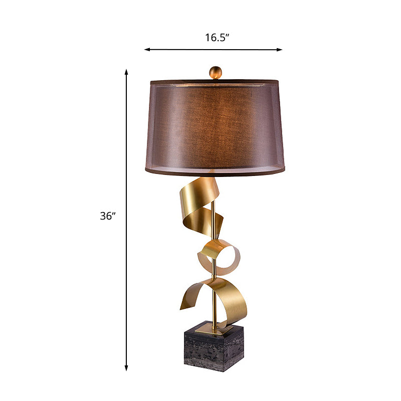 1 Bulb Night Lighting Traditional Bedroom Table Lamp in Red Brown with Drum Fabric Shade