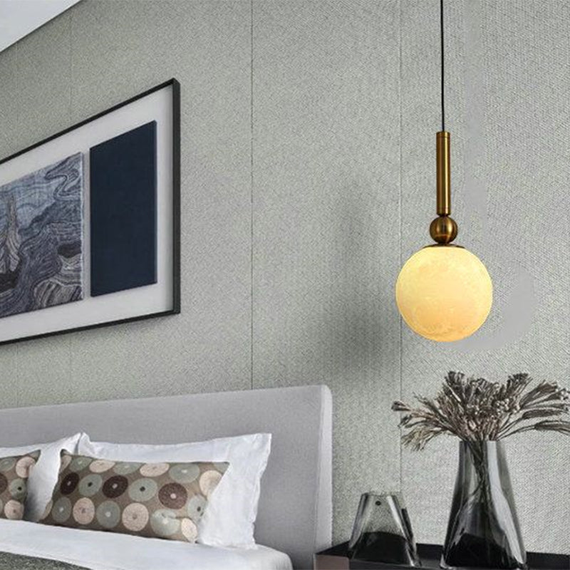 1 Head Bedroom Drop Pendant Simple Gold LED Suspension Lamp with Global Frosted Glass Shade
