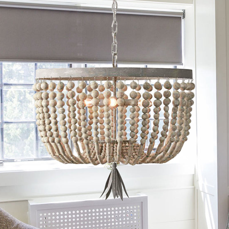 Dome Chandelier Lighting Retro Wood White 3 Bulbs Hanging Ceiling Light with Adjustable Chain, 8.5"/16" Wide