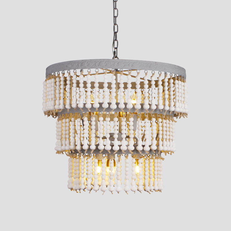 White 3-Tier Ceiling Chandelier Modernism Wood 6 Heads Hanging Light Fixture with Adjustable Chain