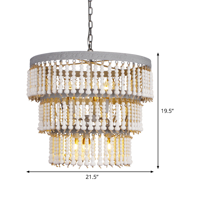 White 3-Tier Ceiling Chandelier Modernism Wood 6 Heads Hanging Light Fixture with Adjustable Chain