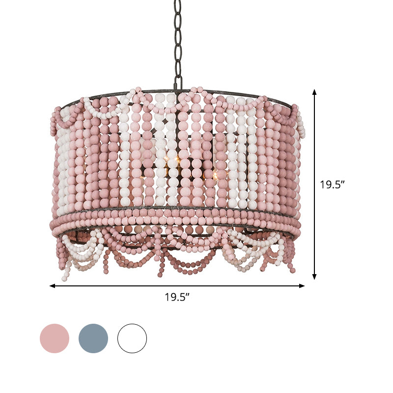 Wood Drum Chandelier Lamp Retro 3 Bulbs White/Pink/Blue Pendant Lighting Fixture with Adjustable Chain