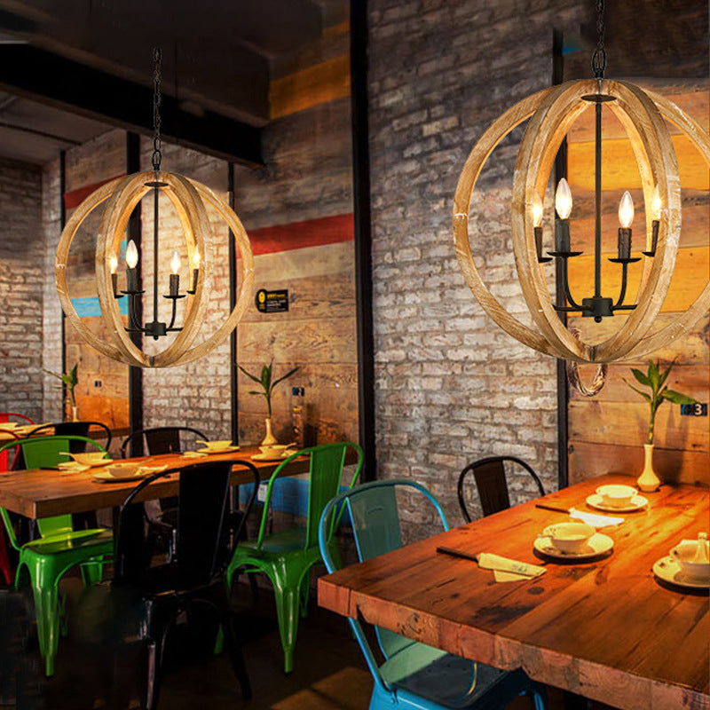 Sphere Chandelier Lamp Nordic Wood 4 Heads Beige Pendant Lighting Fixture for Restaurant