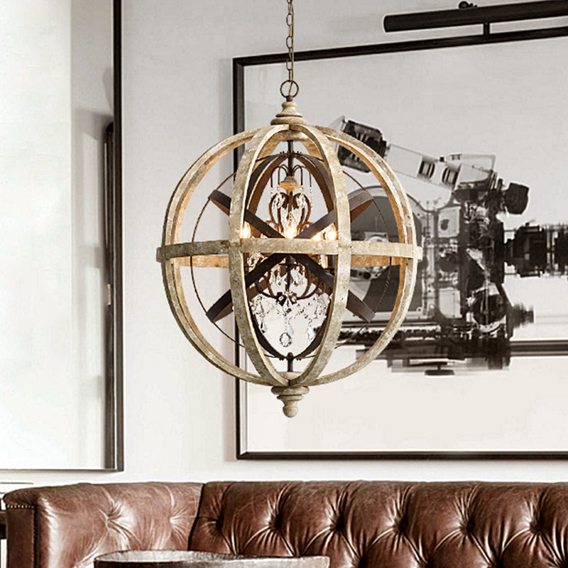 Retro 5 Heads Chandelier Lamp Rust Laser-Cut Ceiling Pendant Light with Wood Shade for Living Room