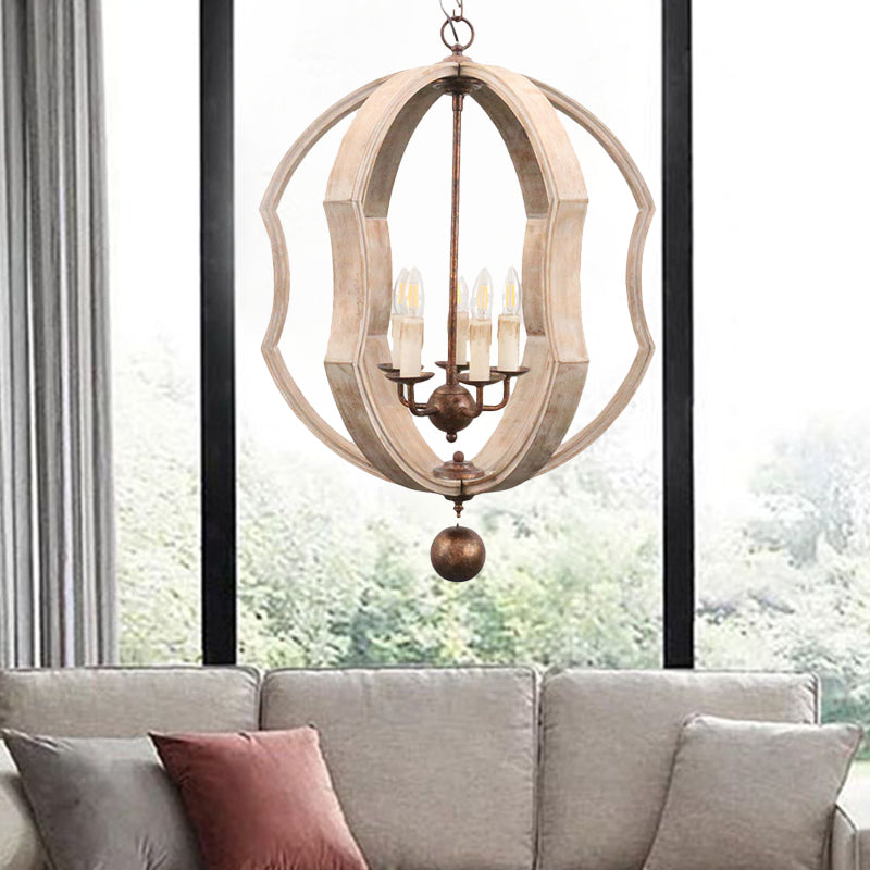 Distressed White Globe Chandelier Lighting Modern Wood 5 Bulbs Pendant Light Fixture with Adjustable Chain
