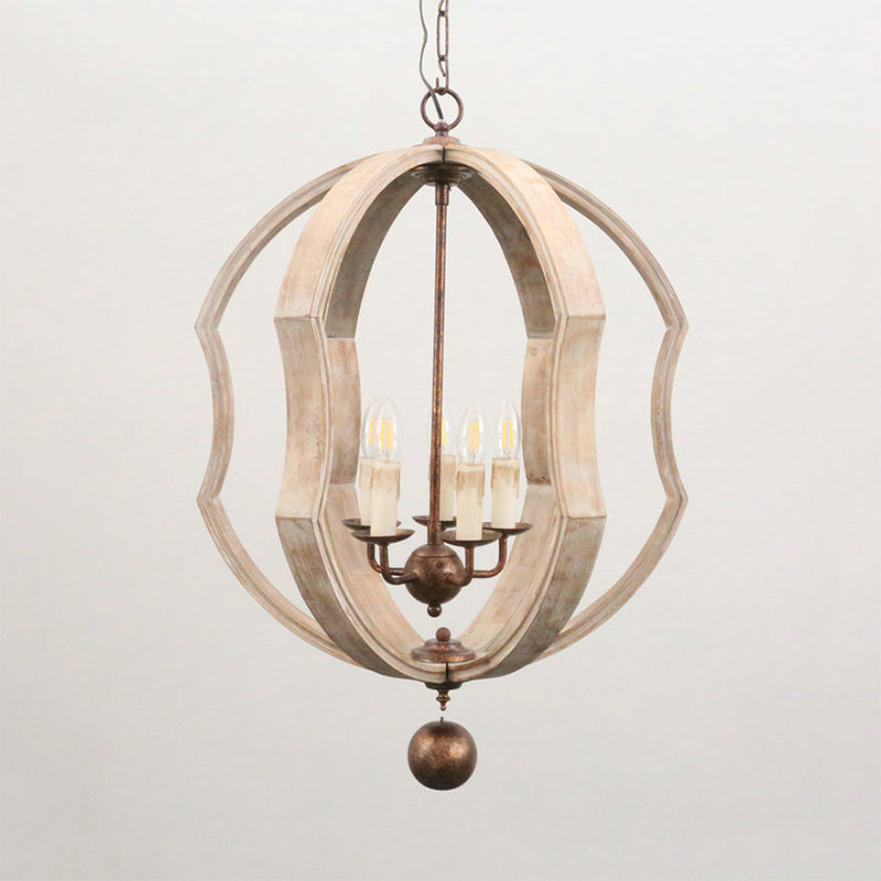 Distressed White Globe Chandelier Lighting Modern Wood 5 Bulbs Pendant Light Fixture with Adjustable Chain