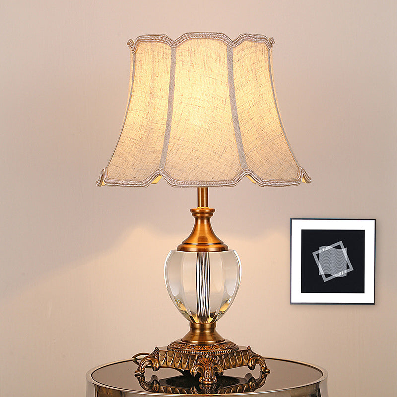 Rustic Paneled Bell Table Lamp Single Head Crystal Nightstand Light in Beige for Bedroom