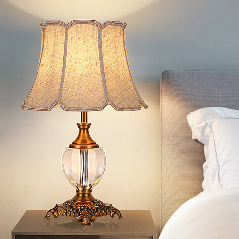 Rustic Paneled Bell Table Lamp Single Head Crystal Nightstand Light in Beige for Bedroom