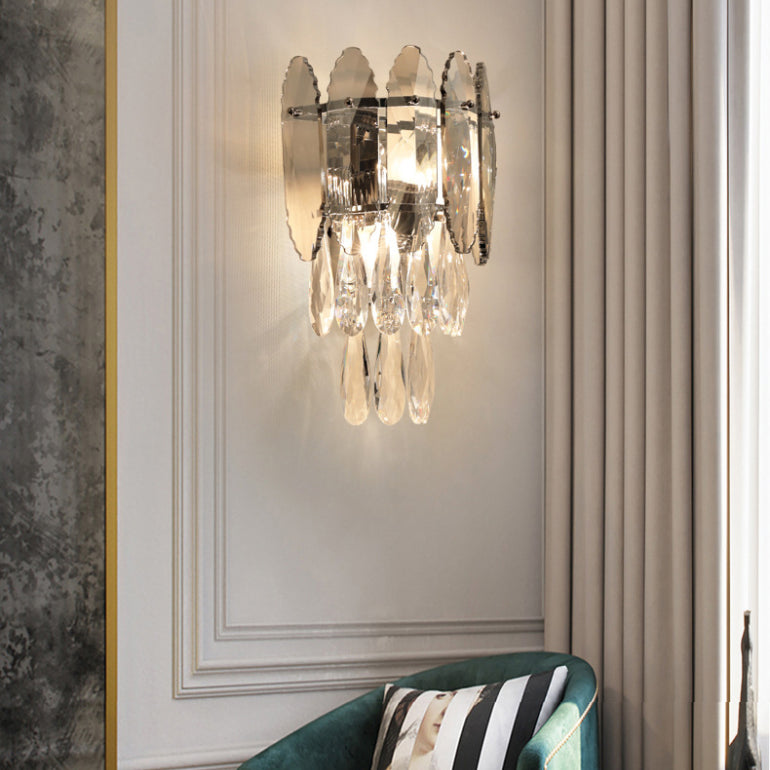 Gray Crystal Wall Sconce in Modern Luxury Style Electroplate Iron Stagger Wall Lamp for Bedroom