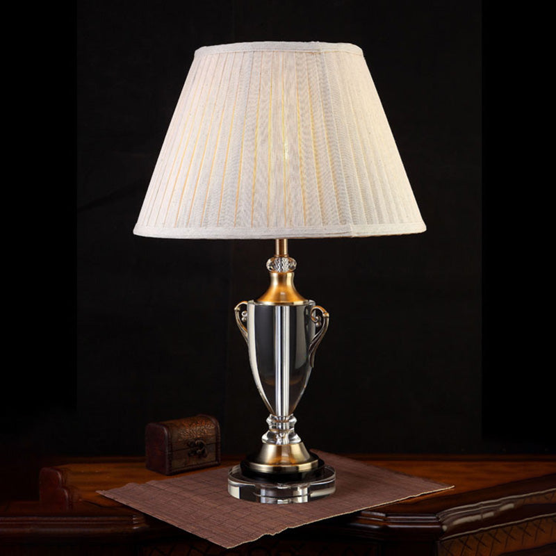 Beige Bell Night Lamp Traditionalism Fabric 1 Light Bedroom Nightstand Light with Clear Crystal Base