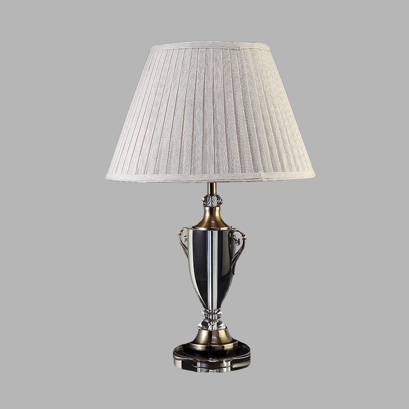 Beige Bell Night Lamp Traditionalism Fabric 1 Light Bedroom Nightstand Light with Clear Crystal Base