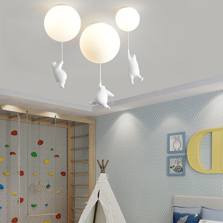 White Globe Ceiling Light in Kids Artistic Style Resin Bear Flush Mount with Glass Shade